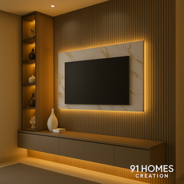 Marble Panel TV Console against a beige accent wall