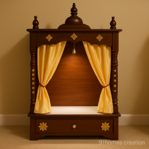 Dark Brown Wooden Mandir with Golden Motifs with golden floral accents and yellow curtains