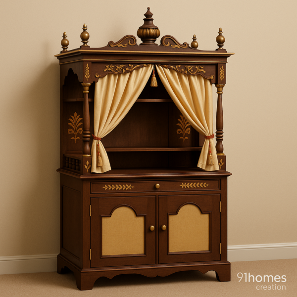 Dark Brown Wooden Mandir with Golden Accents and fabric curtains.