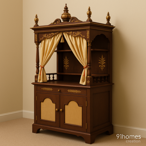 Brown wooden mandir with dome top, intricate carvings, and side finials