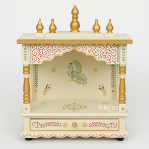 Cream and Gold Square Mandir with drawer and finials