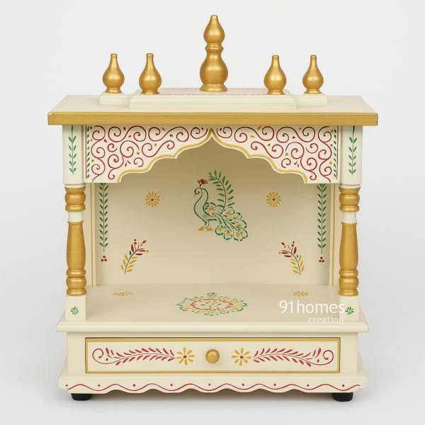 Cream and Gold Square Mandir with drawer and finials
