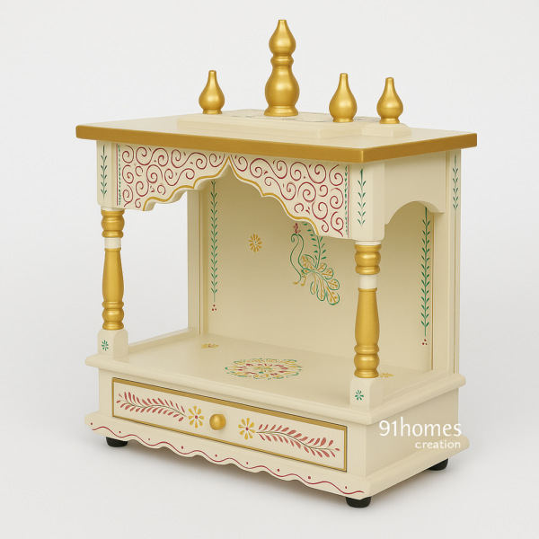 Square-shaped wooden pooja mandir with peacock motif and carved pillars