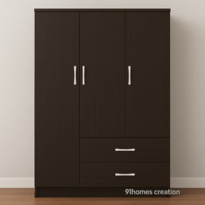 minimalist brown wardrobe with white handles and matte finish.