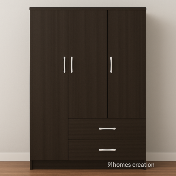 minimalist brown wardrobe with white handles and matte finish.
