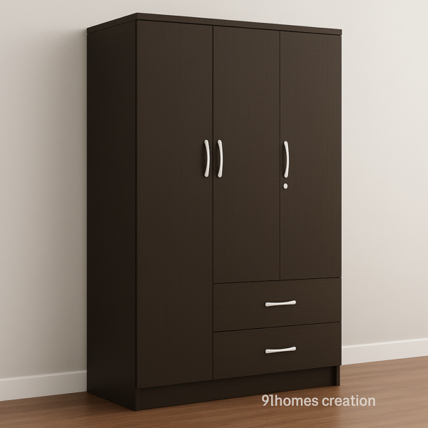 Modern engineered wood wardrobe with drawers in side view.