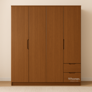 walnut matte Four-door wardrobe with matte wood finish and drawers