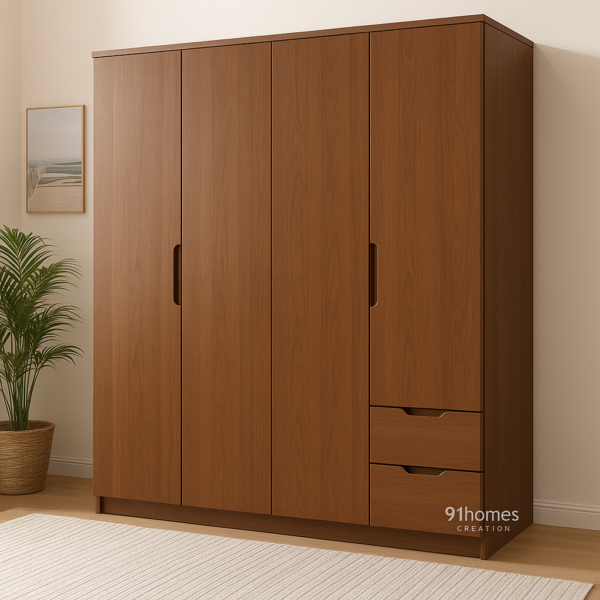 Square-shaped wooden almirah in walnut tone with recessed handles
