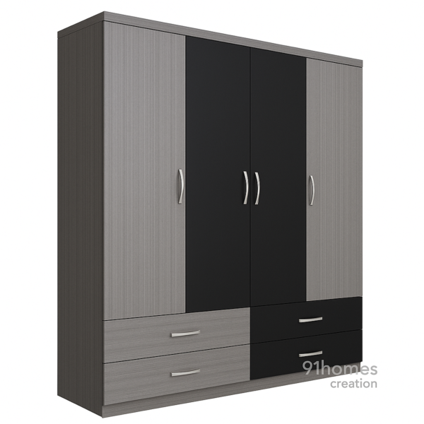 Modern engineered wood wardrobe with two-tone laminate finish and storage drawers
