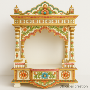 White and Gold Wooden Mandir with carved floral patterns and matte finish.