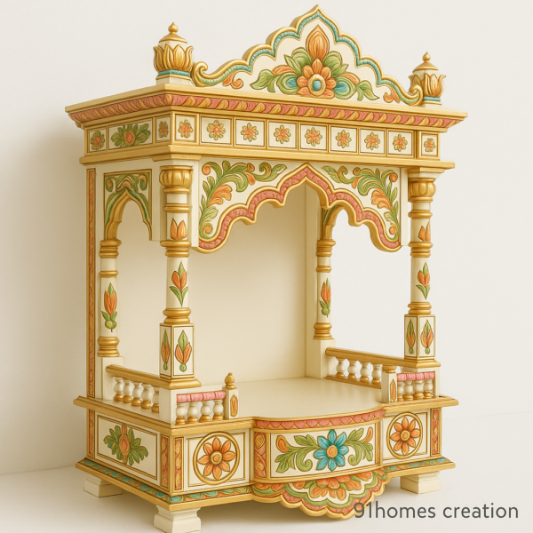 Traditional Hindu pooja temple in white and gold with colorful flower carvings and arch design