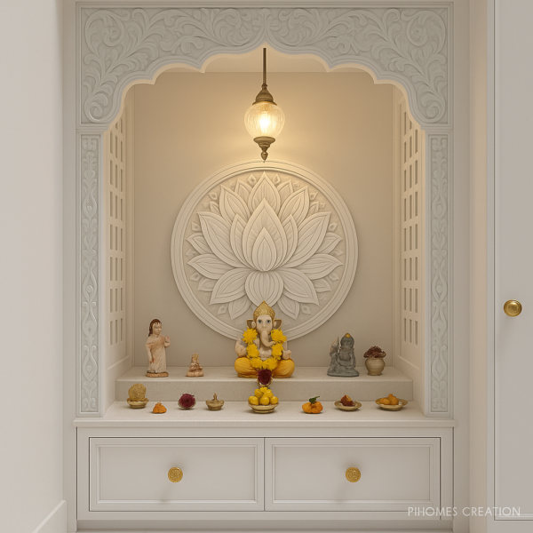 White Wooden Mandir with Floral Arch, lotus motif, and Ganesha idol