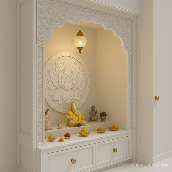 PU finish pooja mandir with gold knobs, pendant lamp, and carved side panels