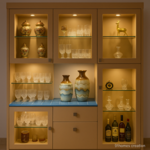 Beige Crockery Unit with Blue Tile Counter and LED Shelves