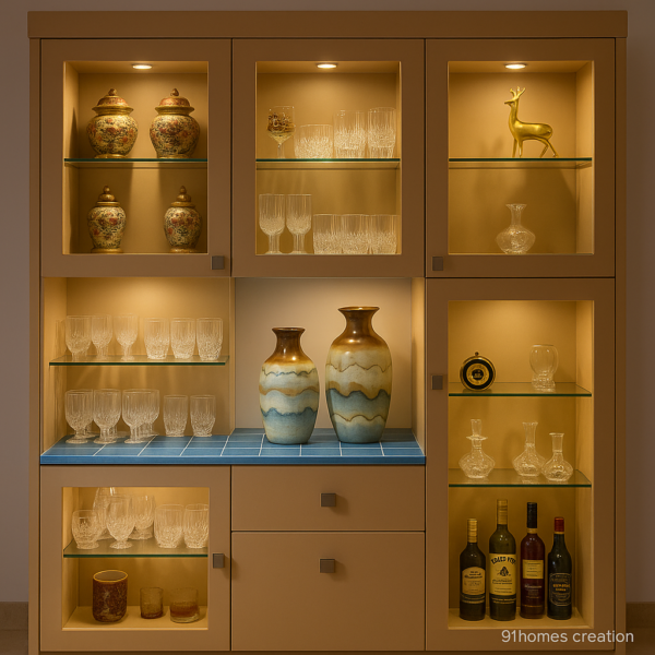 Beige Crockery Unit with Blue Tile Counter and LED Shelves