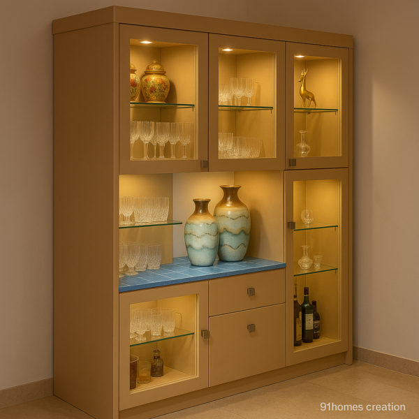 Modern Glass Display Unit with Crystalware and Ceramic Vases