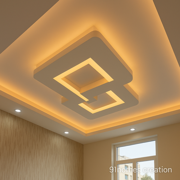 Modern beige false ceiling design with overlapping rectangle shapes
