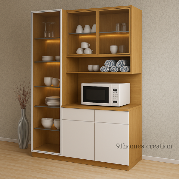 Modern kitchen storage unit with white drawers and glass shelves