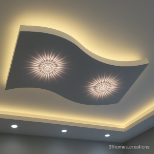 Curved grey ceiling with warm LED and crystal lights