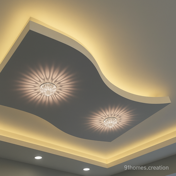 Modern gypsum ceiling design with wave shape and lighting