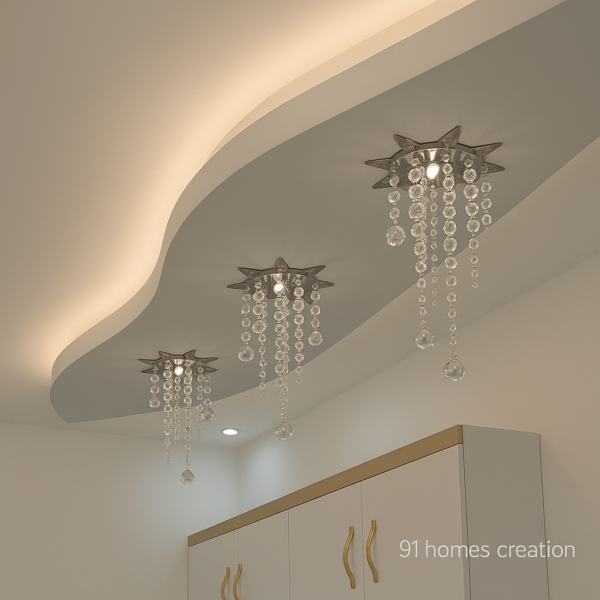 Modern false ceiling with warm lighting and hanging crystal lights