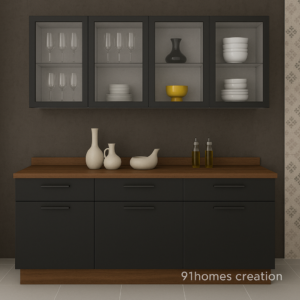 Modern black and walnut crockery unit with glass cabinets