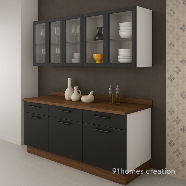 Matte finish modular crockery cabinet with glass shutters