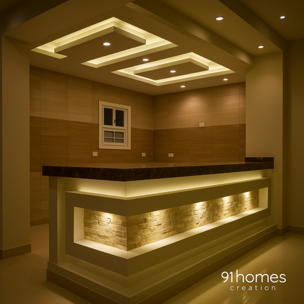 Stone reception counter with warm LED lighting and beige finish