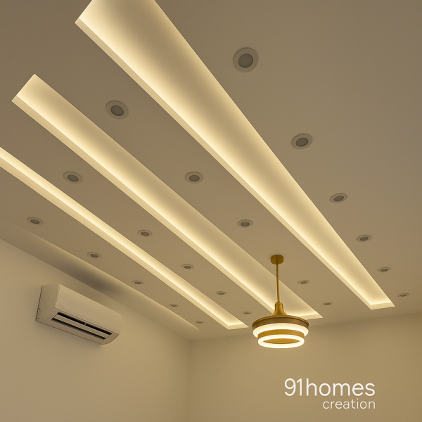 Symmetrical gypsum ceiling design with gold pendant and recessed lights