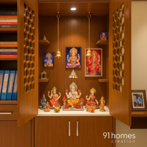 Brown jaali mandir with hanging brass bells and Hindu idols