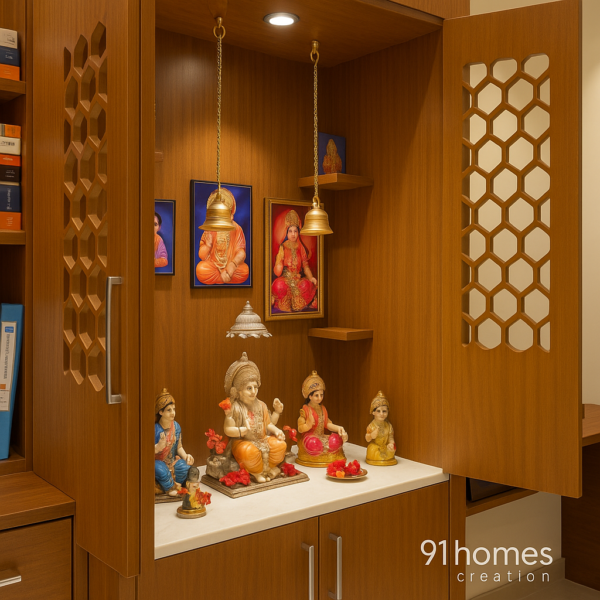 Compact brown mandir with lattice doors and LED lighting