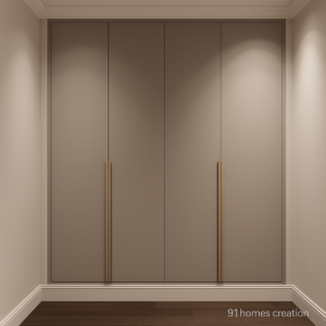 Taupe matte four door wardrobe with tall golden handles and clean finish