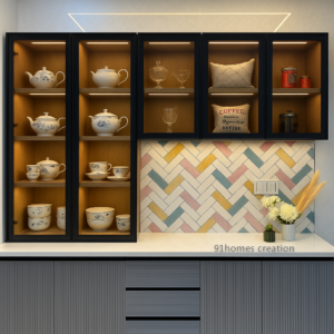 Matte Grey Crockery Unit with Black Glass Shutters & Pastel Backsplash
