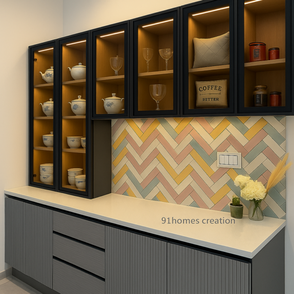 Matte grey kitchen cabinet with LED glass display and pastel backsplash
