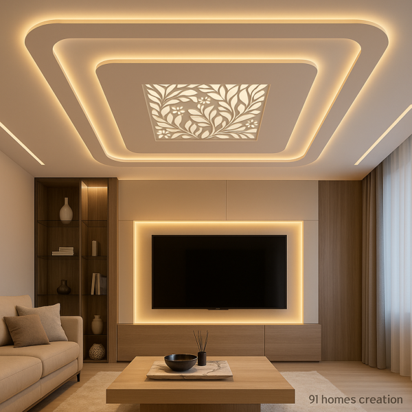 Beige floral cut false ceiling with rectangular cove lighting