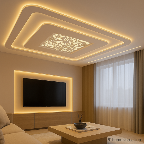 Modern square false ceiling design with LED strip lights and wood accents