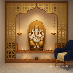 Square wooden Ganesha mandir with gold lattice panels and marble base