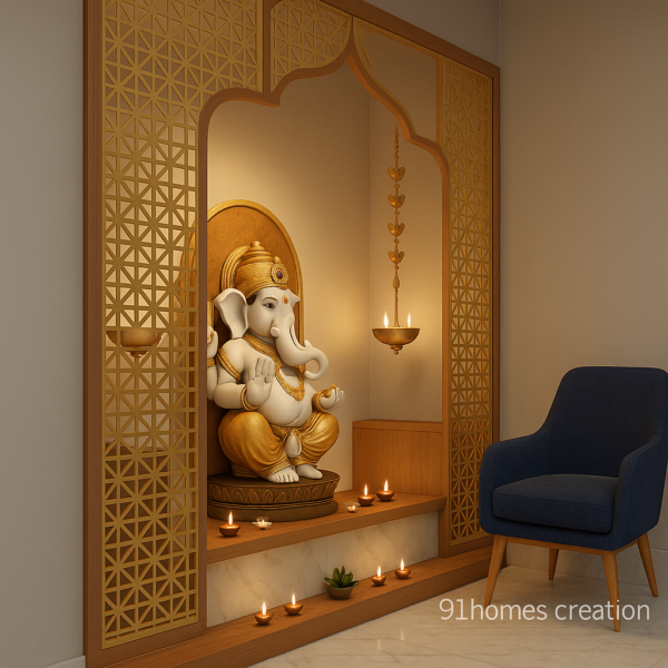 Side angle view of white and gold Ganesha mandir with brass lamps