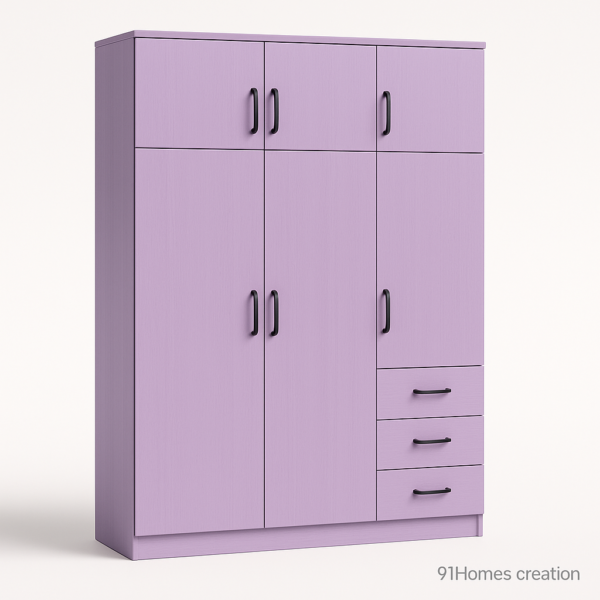 Modern lavender-colored freestanding wardrobe with six doors and three drawers