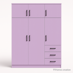 Lavender matte wardrobe with drawers and black handles