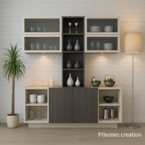 Beige & Matte Brown Crockery Unit with Glass Cabinets & LED
