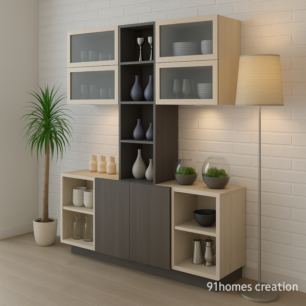 Contemporary kitchen storage unit with beige open shelves, dark brown cabinets, and indoor decor lighting.