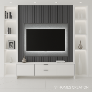 Modern Duo-Tone TV unit with black fluted panel and white base.