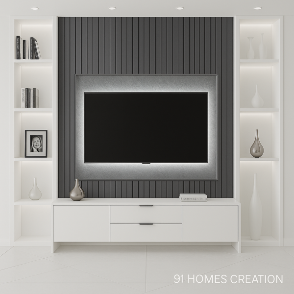 Modern Duo-Tone TV unit with black fluted panel and white base.