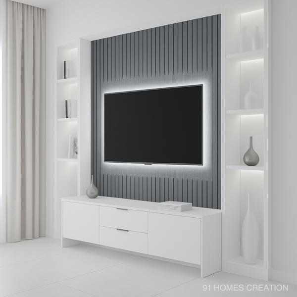 Wall-mounted Modern Duo-Tone TV console with backlit frame.