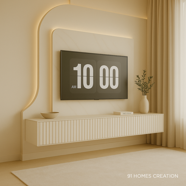Wall-mounted Ripple Front TV Console in beige with fluted design.
