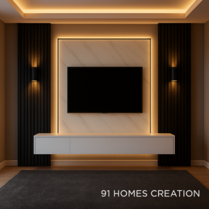 Midnight Glow TV Console with marble panel and floating white base.