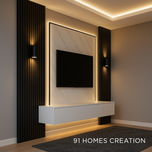 Wall-mounted Midnight Glow TV Console featuring black fluted panels.
