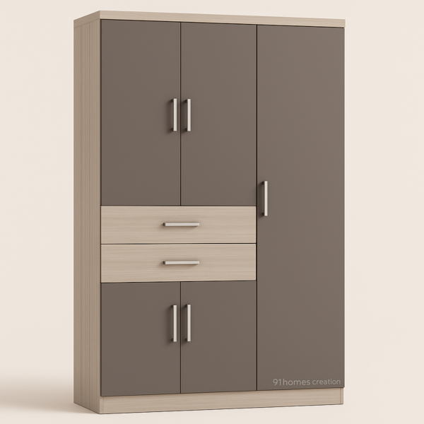 Front view of freestanding taupe wardrobe with light oak drawers and vertical shutters.
