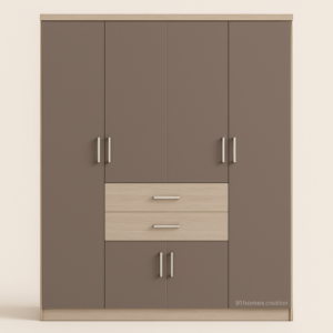taupe and beige two tone wardrobe with drawers and silver handles.